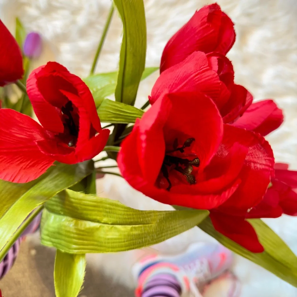 13 Red Silk Tulips Flowers Spring Summer Table Floral Arrangement Faux Florals